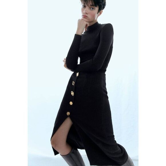 ZARA TEXTURED PENCIL SKIRT GOLD BUTTONS ZARA - Picture 8 of 11